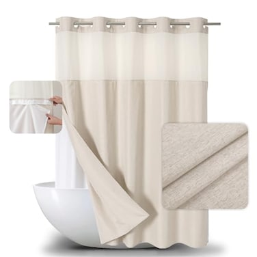 eachope Extra Long No Hooks Needed Linen Textured Shower Curtain with Snapin Fabric Liner SetCream Hotel Luxury Decor Shower Curtains for BathroomWaterproof Washable71Wx86H