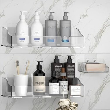 YAWSOUP Acrylic Shower Shelves 3 Pack Clear Adhesive Shower Caddy Organizer Rustproof No Drill Wall Mount Bathroom Kitchen Storage Rack
