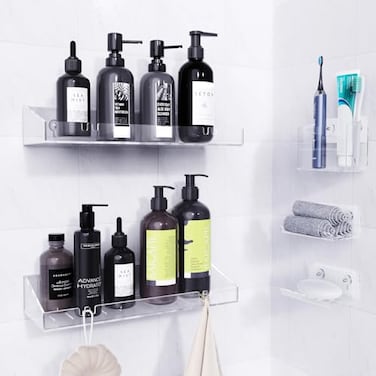 Bakzon Adhesive Shower Caddy 5 Pack Acrylic Shower Shelves Bath Organizers With Large Capacity No Drilling Shelves for Bathroom Storage