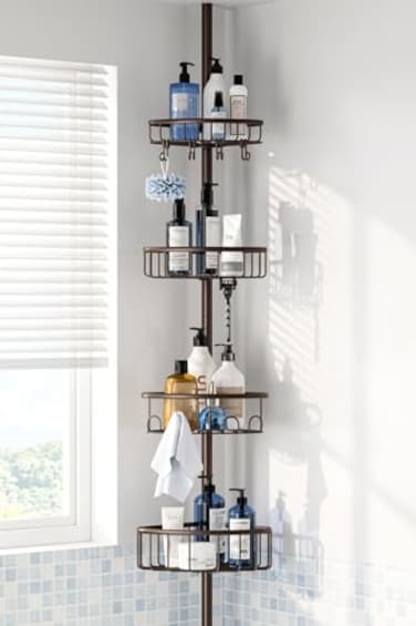 ESSEME Corner Shower Caddy Tension Pole Stainless Steel Rustproof 4Tier Shower Organizer 47121 inch Adjustable Bathroom Shelves for Bathtub Shampoo Storage Tension Rod Floor Standing Bath Rack Bronze