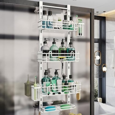 HapiRm 4 Tier Over the Door Shower Caddy Hanging Shower Caddy with 22 Hooks and 2 Toothbrush Holders No Drilling Adjustable Hanging Bathroom Organizer White
