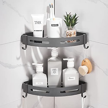 Hoomtaook 2Tier Corner Shower Shelf No Drilling Bathroom Shelves Shower Caddies Adhesive Bath Corner Shelf Wall Mounted Bathroom Shower Caddy Organizer Dark Grey