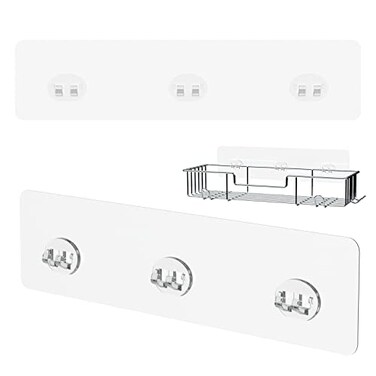 Jovware Shower Caddy Adhesive Replacement Stickers Sticker Shelf Basket Strips Suction Hooks Large Strong Hook for Bathroom Storage Corner Transparent Shelves Wall Mount 3 Hooks 11 1316