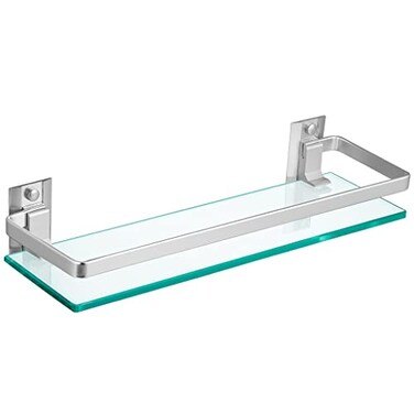 Sanbege Tempered Glass Bathroom Shelf with Rail 15 x 45 Rectangular Shower Caddy Wall Mount Floating Shampoo Holder for Lavatory Kitchen Living Room