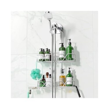 Sewulidon Stainless Steel Shower Caddy Hanging for Handheld Shower HeadsRustproof Hose Shower Organizer Adjustable Length Shower Rack with 24 HooksRazor HolderSoap Holder