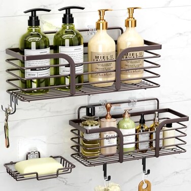 Yougai Shower Caddy Shower Organizer with Soap Holder and Hooks Rustproof Shower Shelves No Drilling Bathroom Organizers and Storage WallMounted Kitchen Home Decor Brown