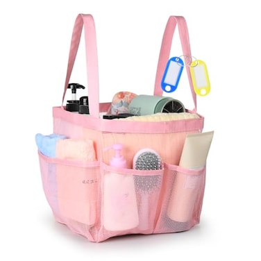 Temede Mesh Shower Caddy Tote Large Shower Caddy Basket Portable Quick Dry Hanging Toiletry Bag 8 Storage Pocket Bath Organizer for College Dorm Gym Camp Travel Pink