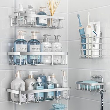 Liuoud 5 Pack Shower Caddy Organizer Rack Shelf for Inside Shower Self Adhesive Bathroom Wall Storage Basket Rustproof Stainless Steel Large Capacity Shampoo Holder Silver
