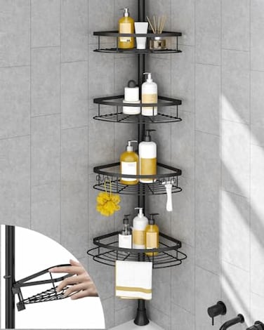 SEIRIONE Rustproof Shower Corner Caddy Organizer for Bathroom 4Tier Adjustable Bathroom Shelf with Tension Pole Solid Rack Ideal for Bathtub Storage 34 to 116 Inch Height Black