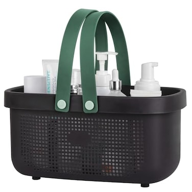 JiatuA Plastic Storage Basket with Handle Portable Shower Caddy Tote Organizer Basket Bin for Bathroom Kitchen Dorm Room Bedroom Black Green