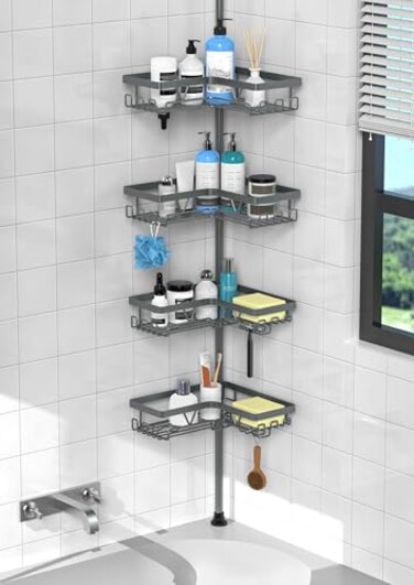 KEGII Corner Shower Caddy Tension Pole Rustproof Tension Rod Organizer Floor to Ceiling Shower Caddy 251142 inch Bathroom Storage Rack Corner Waterproof Dark Gray