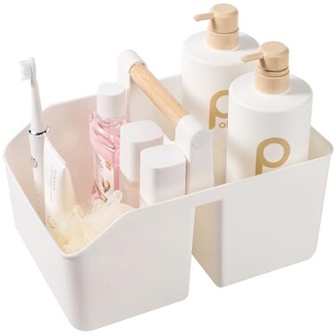 rejomiik Portable Shower Caddy Basket with Bamboo Handle Plastic Cleaning Caddy Bathroom Organizer Tote for College Dorm Essentials Bath Toy Storage White