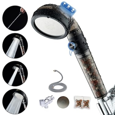 PumodTec Filtered Shower Head with Handheld High Pressure Mineral ShowerHead with Filters for Hard Water Reduces Dry Itchy Skin Easy Instal 4 Modes Water Saving Durable Detachable anti blocking
