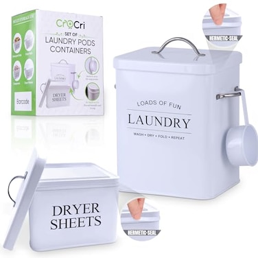 crocri 2 Pack Laundry Detergent Container and Dryer Sheet Holder Dispenser with hermetic sealFarmhouse Laundry Room Organization Containers Large Metal Laundry Detergent Powder Storage with Scoop