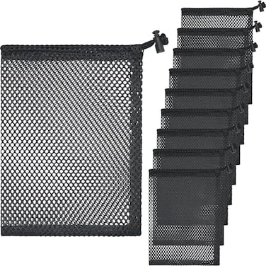 BOJITEXS 10 Pcs Mesh Drawstring Bag 6 x 8 with Cord Lock Closure Durable Mesh Bag for Laundry Travel Beach Toys Seashell Collecting Black