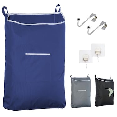 The Fine Fine Living Co Large Hanging Laundry Hamper with Over Door Hooks Adhesive Durable Space Saving Laundry Bag with Zipper and Wide Open Top Hanging Dorm Laundry Hamper Navy BlueXL