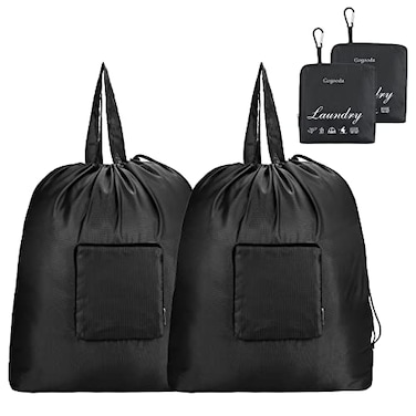GOGOODA Travel Laundry Bags with Drawstring Closure XL Large Foldable Dirty Clothes bags with Handle Heavy Duty and Washable for College Dorm Travelling Camping 2 Pack Black