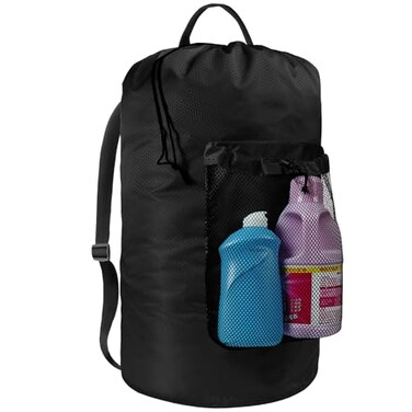 CATOTEL Laundry Bag with Shoulder Straps and Mesh Pocket Laundry Backpack Large Portable Laundry Hamper for College Travel Laundromat Apartment Black