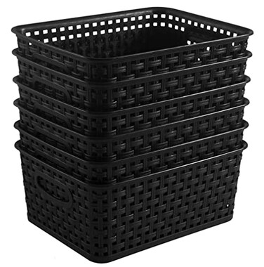 ZHENFAN Black Plastic Woven Storage Baskets 6Pack Weave Basket Organizer for Kitchen Office Bathroom