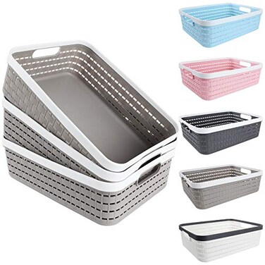 CertBuy 3 Pack Plastic Storage Baskets 14 x 10 x 45 Inch Large Weave Storage Bins with Handle for Cabinet Shelf Kitchen Bedroom Bathroom and Office Grey