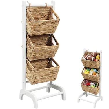 Menkxi Wicker 3 Tier Foldable Storage Basket Floor Rack with Market Storage Basket Water Hyacinth Storage Rack Hand Woven Laundry Rack for Bathroom Kitchen Laundry Room Living Room StorageWhite