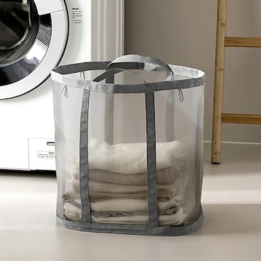HGZBS Mesh Bag with Handles Collapsible Laundry Basket Foldable Laundry Bag Breathable Folding Beach BagSpacesaving Travel Tote Bags 1 Grey