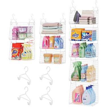 Sonyabecca 5Tier Hanging Laundry Basket Organizer Foldable Wire Shelf Basket with 4 Large Hooks 165 360Rotating Hooks SpaceSaving Laundry Room Organization for Wardrobe Closet White Patent