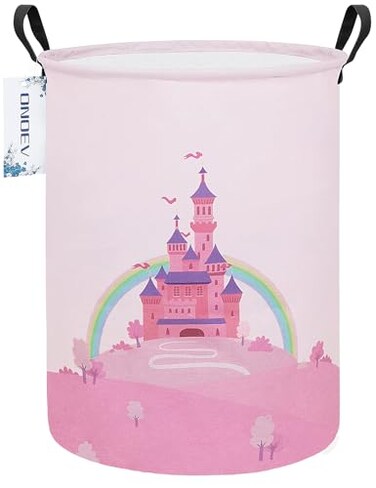 ONOEV Laundry Hamper Round Waterproof Storage Basket with Handle Foldable Pink Castle 197inH x 157inD for Childrens Room and Toy Storage