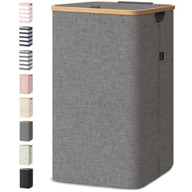 BALEINE Laundry Hamper with Lid Tall Laundry Baskets with Bamboo Pull Handles Large Laundry Bin with Internal Support 26 Gal100L Grey
