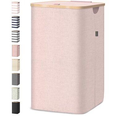 BALEINE Laundry Hamper with Lid Tall Laundry Baskets with Bamboo Pull Handles Large Laundry Bin with Internal Support 26 Gal100L Pink