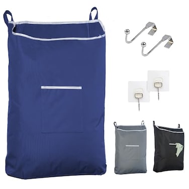 The Fine Fine Living Large Hanging Laundry Hamper with Over Door Hooks Adhesive Durable Space Saving Laundry Bag with Zipper and Wide Open Top Hanging Dorm Laundry Hamper 18x475x28 Navy BlueL