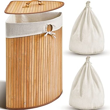 Gueevin Corner Bamboo Laundry Hamper with Lid and Removable Liner Corner Bamboo Laundry Basket with Handle Washing Clothes Basket Storage Bin for Bedroom Bathroom CarbonVertical Slatted