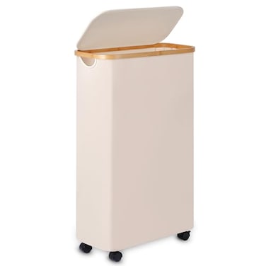 Merkisa Slim Laundry Basket with WheelsNarrow Hampers for LaundryFreestanding Laundry Hamper with LidBamboo HandlesCollapsible Waterproof Tall Cloth Hamper for Dorm Family60L Beige