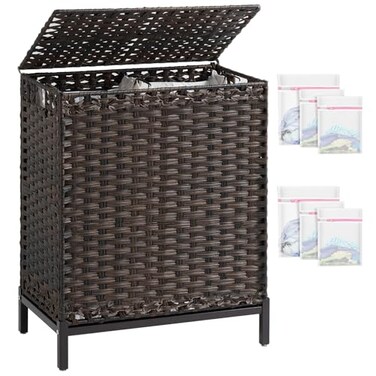 SETVSON Laundry Hamper with Lid 112 L Handwoven Rattan Wicker Laundry Basket 2 Removable Liner Bags Metal Heightened Feet 6 Mesh Bags 2 Section Large Clothes Hamper for Bathroom Bedroom Brown