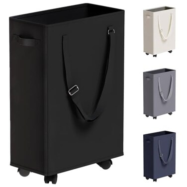 TECHMILLY Slim Rolling Laundry Basket Slim Laundry Hamper with Wheels and Adjustable Long Handles 45L Small Laundry Baskets with Mesh Top for Bedroom Closet and Bathroom Black