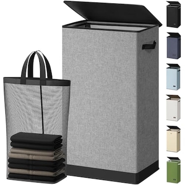 SOLEDI Laundry Hamper with Lid 100L Large Tall Collapsible Laundry Basket Clothes Hamper with Bag Removable Easy to Carry Dirty Hampers for Bedroom Bathroom Dorm College Grey