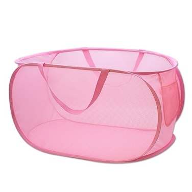 HONOMA Sturdy Mesh Laundry Hamper Basket BagPop up Basket with Side Pocket for Laundry Room Bathroom Kids Room College Dorm or Travel Pop Horizontal Pink