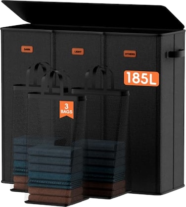 Vexalora 185L Laundry Hamper 3 Section Laundry Hamper with Lid Dirty Clothes Hamper with 3 Removable Washing Bags Extra Large Laundry Basket Organizer for Bedroom Laundry Room Dorm Black