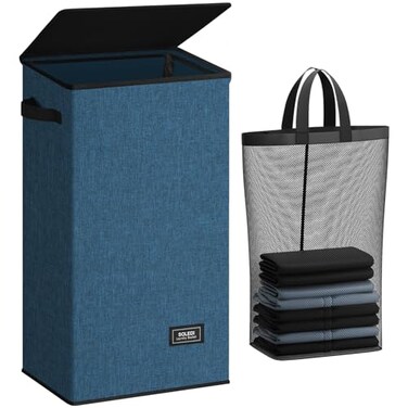 SOLEDI Laundry Hamper with Lid 100L Large Tall Collapsible Laundry Baskets Clothes Hamper with Bag Removable Easy to Carry Dirty Hampers for Bedroom Bathroom Dorm College Blue