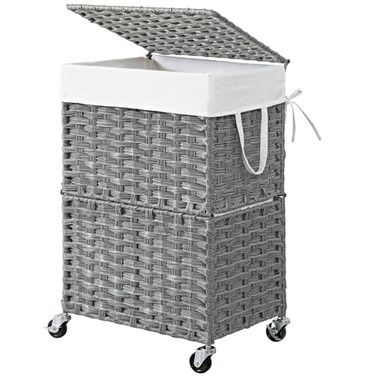 Chrislley 90L Slim Laundry Hamper with Wheels Rolling Laundry Basket with Lid and Renovable Liner Bag Handwoven Rattan Organizer for bedroom bathroom laundry room Grey