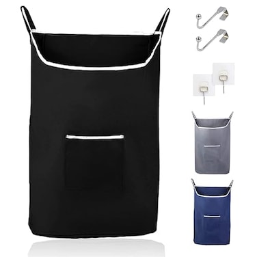 The Fine Living Co XLarge Hanging Laundry Hamper with Over Door Hooks AdhesiveDurable Space Saving Laundry Bag with Zipper and Wide Open TopHanging Dorm Laundry Hamper 20x375x31 BlackXL