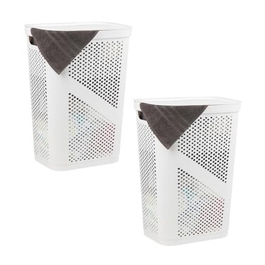 Mind Reader 60L Slim Laundry Hamper Clothes Basket Lid Ventilated Plastic Set of 2 White