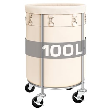 Ollieroo Laundry Hamper with Wheels 100L Round Rolling Laundry Basket Sorter with Removable Bag Clothes Cart Organizer with Steel Frame for Bedroom Bathroom Laundry Room Beige