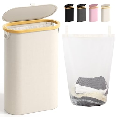 Bathola Slim Laundry Hamper with Lid 60L Small Laundry Basket with HandlesRemovable Bag Thin Dirty Clothes Hampers for Laundry Narrow Laundry Hampers for Bedroom Aesthetic Beige