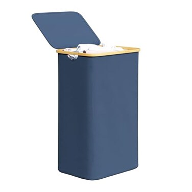 SpaceAid Laundry Hamper with Lid 110L Large Tall Clothes Basket Bin with Bamboo Handles Collapsible Laundry Hamper for Bedroom Bathroom Dorm Laundry Room Blue
