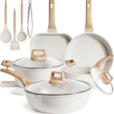 Kikcoin 16Pcs Ceramic Pots and Pans Set Non Stick Includes a 95 Grill Pan Induction Kitchen Cookware Sets White Nonstick RV Kitchen Camping Cooking Sets Stackable PTFE PFOS PFOA Free