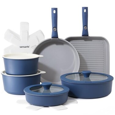 SENSARTE 17 Piece Ceramic Pots and Pans Set Nonstick Detachable Handle Cookware Induction Kitchen Cookware Set with Removable Handle Dishwasher Oven Safe Navy