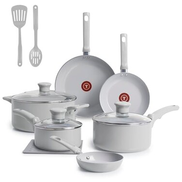 T-Fal TFal Refresh Ceramic Nonstick Cookware Set 12Piece Ceramic Pots and Pans Set Includes Stockpot Griddle Frying Pans Utensils Moon Grey