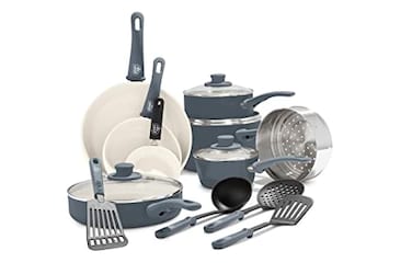 GreenLife 16 Piece Nonstick Cookware Set Soft Grip NonToxic PFASFree Ceramic Pots Pans Dishwasher Oven Safe Frying Sauce Saute Utensils Glass Lids StayCool Handles Wobble Free Gray
