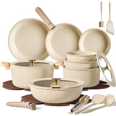 CAROTE 25PCS Ceramic Cookware Set Pots and Pans set Non Stick RV Kitchen Cooking Set Removable Handles Oven Safe Induction Cookware Nontoxic Kitchen Cooking Set PFAS and PFOA Free